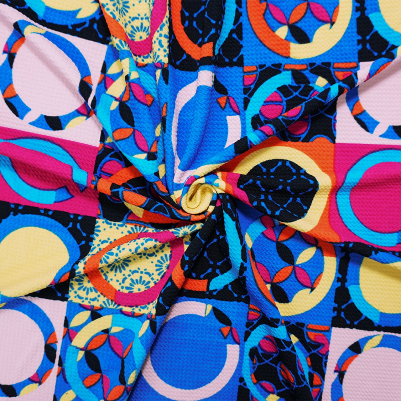 Blue-Pink-Multi Poly Geometric Print Liverpool Double Knit Fabric By the Yard